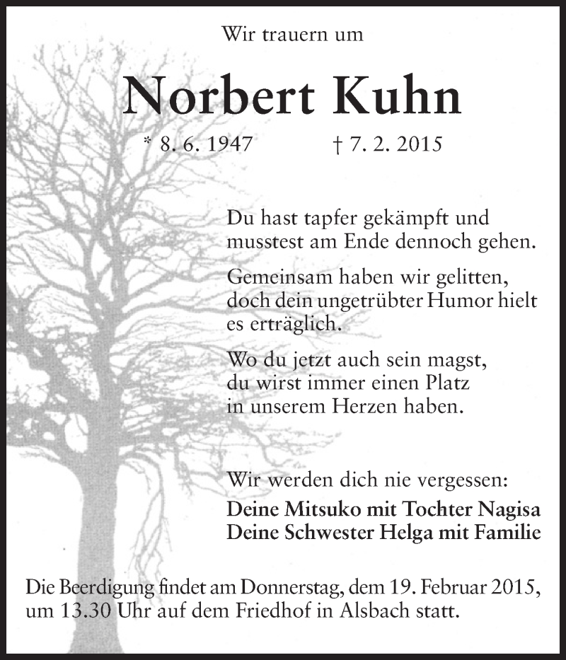  Traueranzeige für Norbert Kuhn vom 14.02.2015 aus Echo-Zeitungen (Gesamtausgabe)