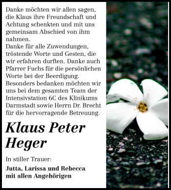 Traueranzeige von Klaus Peter Heger von Echo-Zeitungen (Gesamtausgabe)