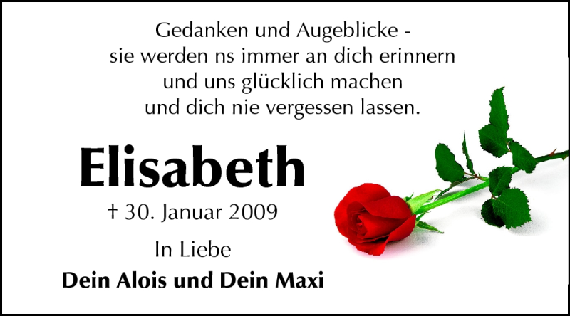  Traueranzeige für Elisabeth - vom 29.01.2011 aus Darmstädter Echo, Odenwälder Echo, Rüsselsheimer Echo, Groß-Gerauer-Echo, Ried Echo