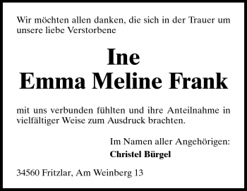 Traueranzeige von Ine Emma Meline Frank von Darmstädter Echo, Odenwälder Echo, Rüsselsheimer Echo, Groß-Gerauer-Echo, Ried Echo