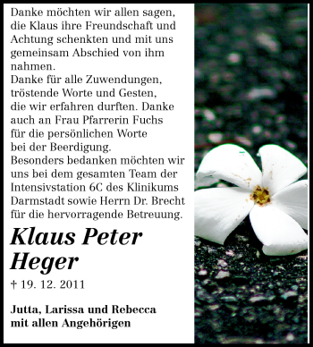 Traueranzeige von Klaus Peter Heger von Echo-Zeitungen (Gesamtausgabe)