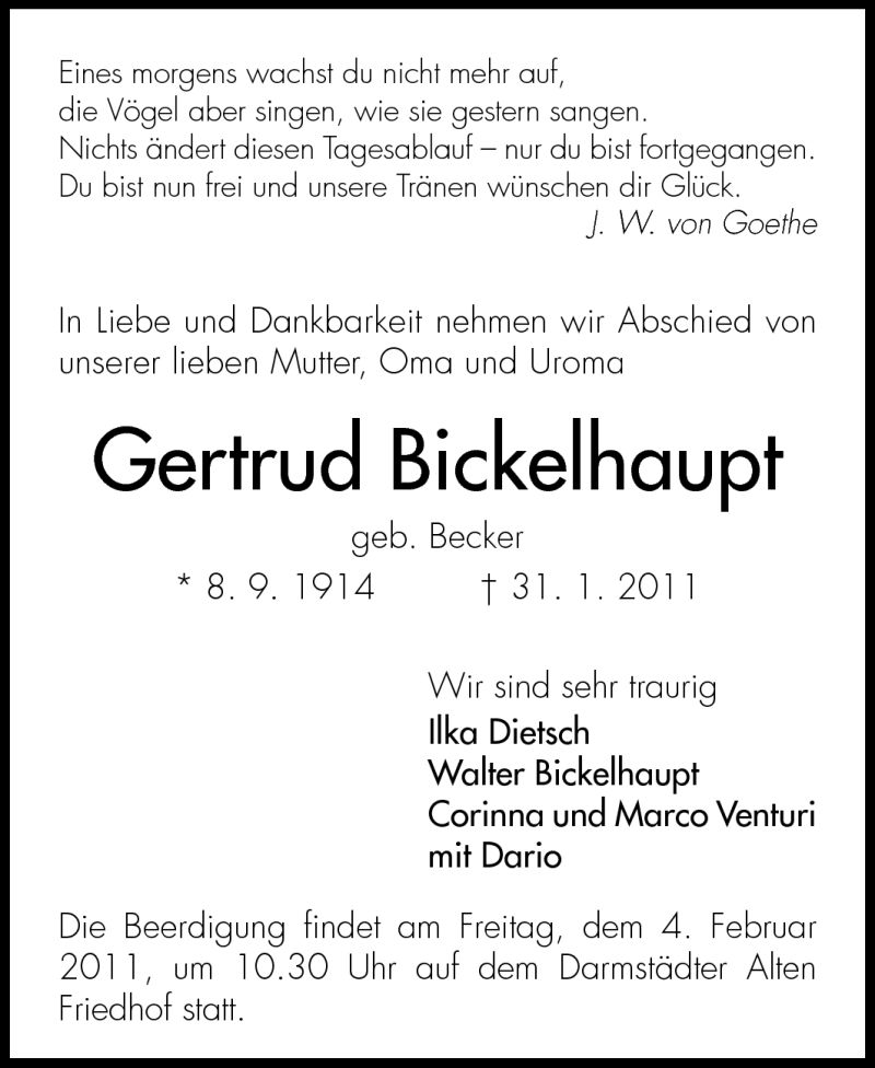 Traueranzeige für Gertrud Bickelhaupt vom 02.02.2011 aus Echo-Zeitungen (Gesamtausgabe)