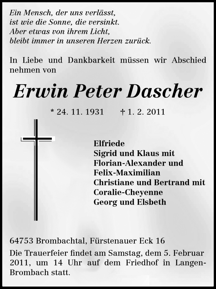  Traueranzeige für Erwin Peter Dascher vom 03.02.2011 aus Odenwälder Echo