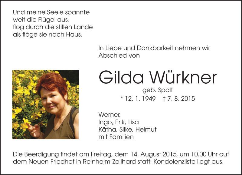  Traueranzeige für Gilda Würkner vom 10.08.2015 aus trauer.echo-online.de