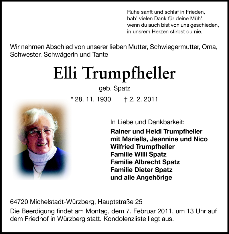  Traueranzeige für Elli Trumpfheller vom 04.02.2011 aus Odenwälder Echo