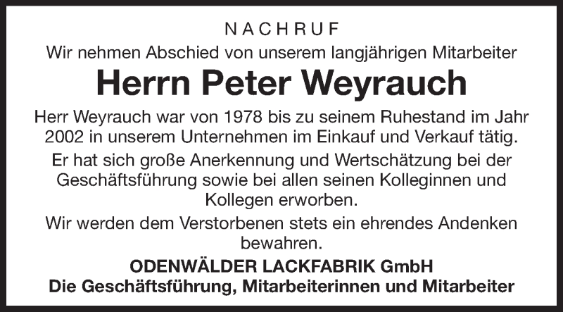  Traueranzeige für Peter Weyrauch vom 01.07.2015 aus Odenwälder Echo