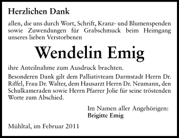 Traueranzeige von Wendelin Emig von Echo-Zeitungen (Gesamtausgabe)