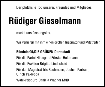 Traueranzeige von Rüdiger Gieselmann von Darmstädter Echo, Odenwälder Echo, Rüsselsheimer Echo, Groß-Gerauer-Echo, Ried Echo