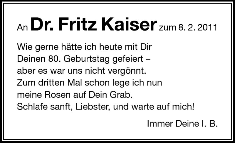 Traueranzeige für Fritz Kaiser vom 08.02.2011 aus Darmstädter Echo, Odenwälder Echo, Rüsselsheimer Echo, Groß-Gerauer-Echo, Ried Echo