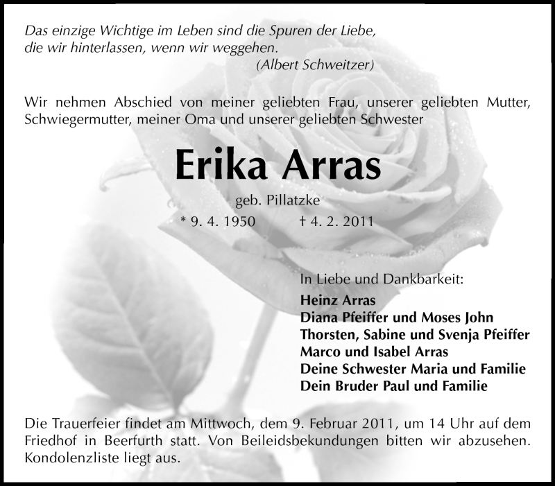 Traueranzeige für Erika Arras vom 07.02.2011 aus Darmstädter Echo, Odenwälder Echo, Rüsselsheimer Echo, Groß-Gerauer-Echo, Ried Echo