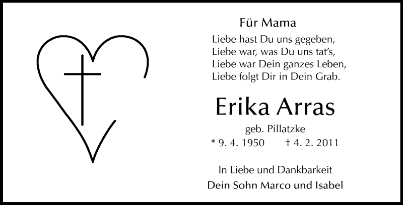  Traueranzeige für Erika Arras vom 07.02.2011 aus Odenwälder Echo