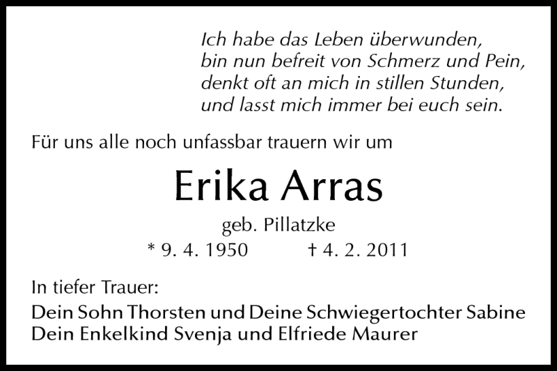  Traueranzeige für Erika Arras vom 07.02.2011 aus Odenwälder Echo