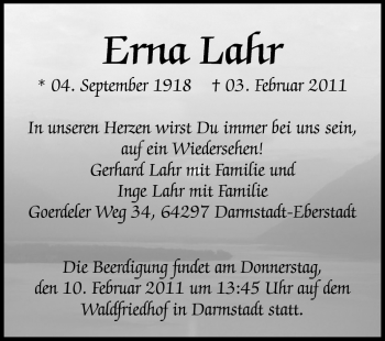 Traueranzeige von Erna Lahr von Echo-Zeitungen (Gesamtausgabe)