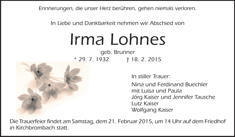  Traueranzeige für Irma Lohnes vom 19.02.2015 aus Odenwälder Echo