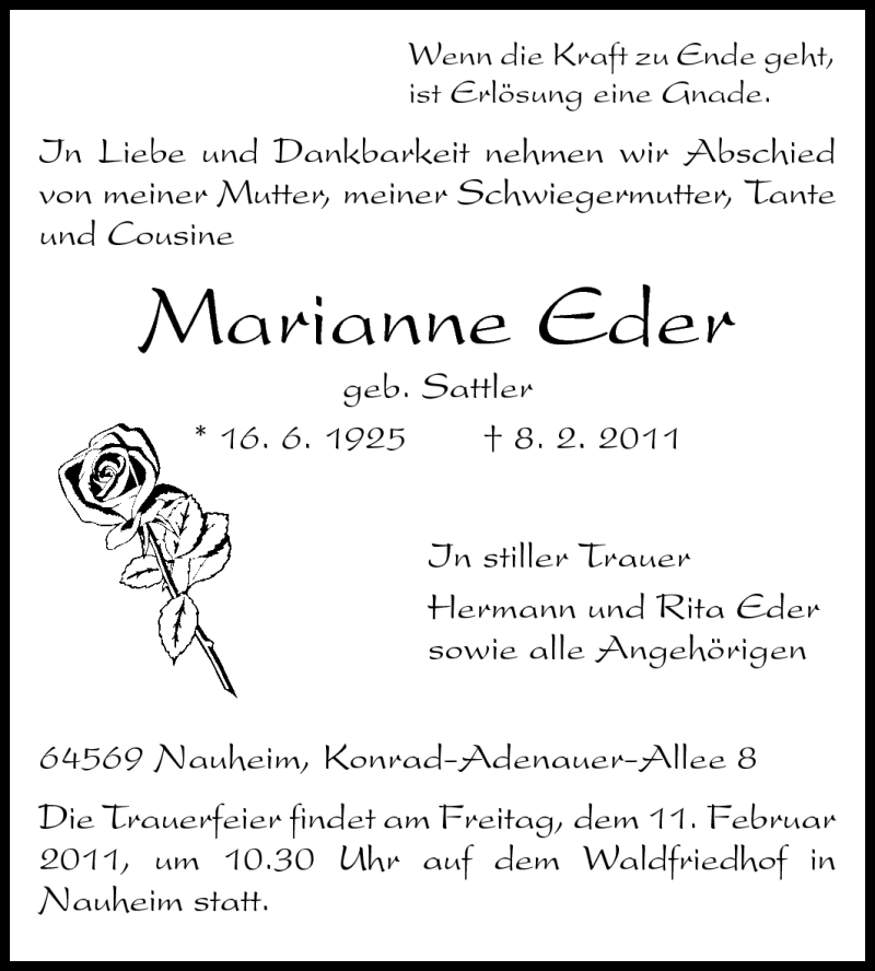  Traueranzeige für Marianne Eder vom 10.02.2011 aus Rüsselsheimer Echo, Groß-Gerauer-Echo, Ried Echo