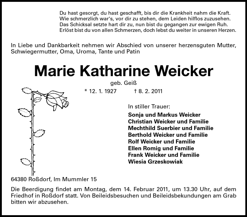  Traueranzeige für Marie Katharina Weicker vom 12.02.2011 aus Echo-Zeitungen (Gesamtausgabe)