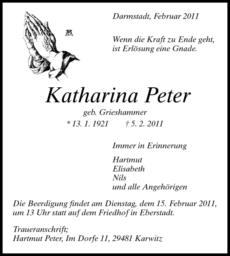  Traueranzeige für Katharina Peter vom 12.02.2011 aus Echo-Zeitungen (Gesamtausgabe)