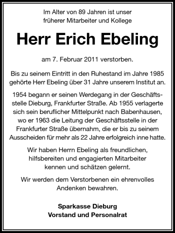Traueranzeige von Erich Ebeling von Echo-Zeitungen (Gesamtausgabe)