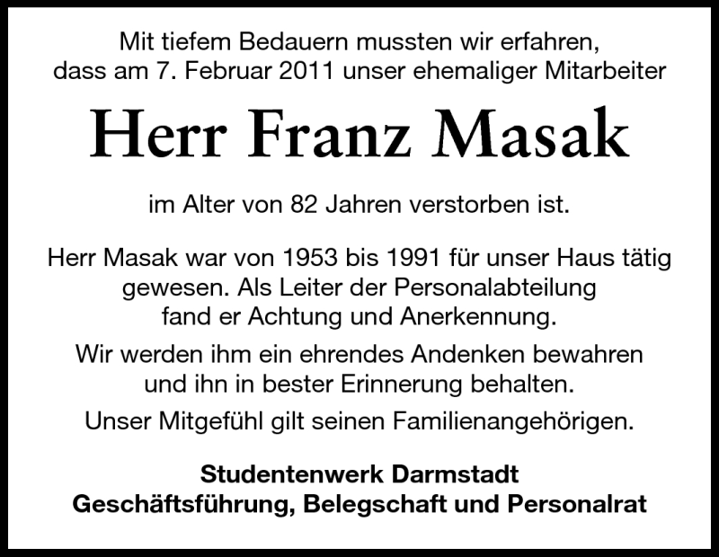  Traueranzeige für Franz Masak vom 12.02.2011 aus Echo-Zeitungen (Gesamtausgabe)