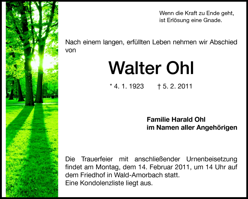  Traueranzeige für Walter Ohl vom 11.02.2011 aus Odenwälder Echo