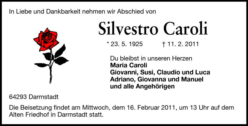  Traueranzeige für Silvestro Caroli vom 14.02.2011 aus Darmstädter Echo, Odenwälder Echo, Rüsselsheimer Echo, Groß-Gerauer-Echo, Ried Echo