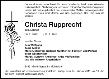 Traueranzeige von Christa Rupprecht von Rüsselsheimer Echo, Groß-Gerauer-Echo, Ried Echo