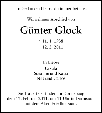 Traueranzeige von Günter Glock von Darmstädter Echo, Odenwälder Echo, Rüsselsheimer Echo, Groß-Gerauer-Echo, Ried Echo