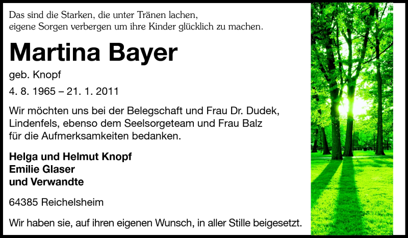  Traueranzeige für Martina Bayer vom 19.02.2011 aus Echo-Zeitungen (Gesamtausgabe)