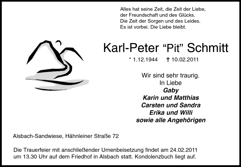  Traueranzeige für Pit Schmitt vom 19.02.2011 aus Echo-Zeitungen (Gesamtausgabe)
