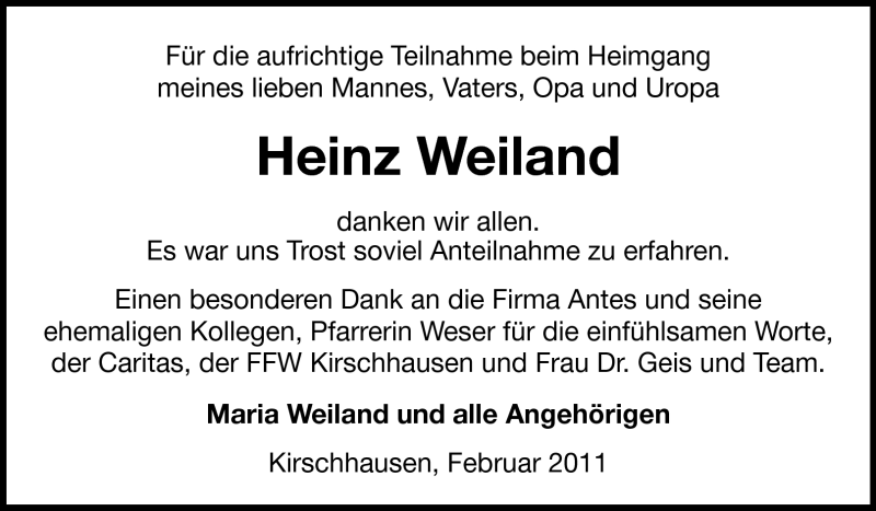  Traueranzeige für Heinz Weiland  vom 19.02.2011 aus Starkenburger Echo