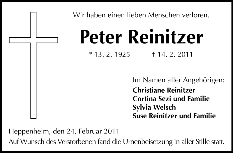  Traueranzeige für Peter Reinitzer vom 24.02.2011 aus Starkenburger Echo