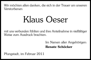 Traueranzeige von Klaus Oeser von Darmstädter Echo, Odenwälder Echo, Rüsselsheimer Echo, Groß-Gerauer-Echo, Ried Echo