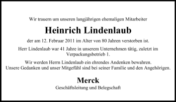 Traueranzeige von Heinrich Lindenlaub von Echo-Zeitungen (Gesamtausgabe)