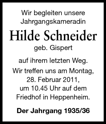 Traueranzeige von Hilde Schneider von Starkenburger Echo