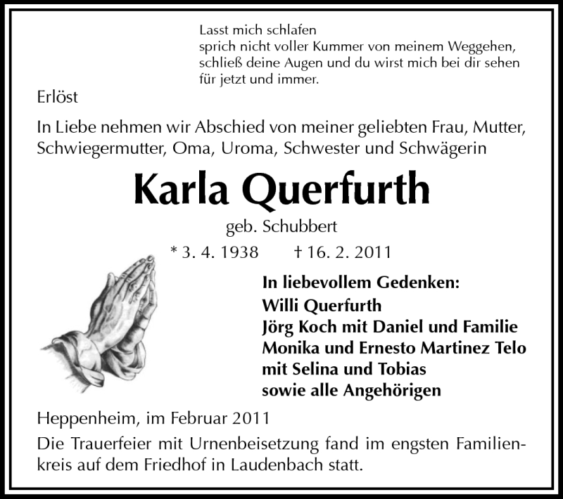  Traueranzeige für Karla Querfurth vom 26.02.2011 aus Starkenburger Echo
