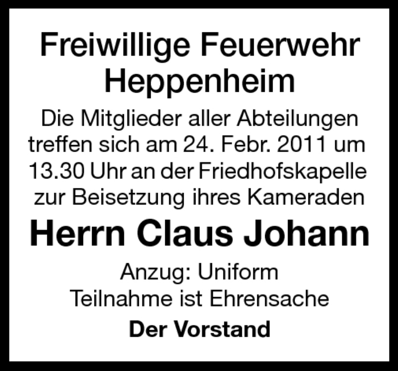  Traueranzeige für Claus Johann vom 23.02.2011 aus Starkenburger Echo
