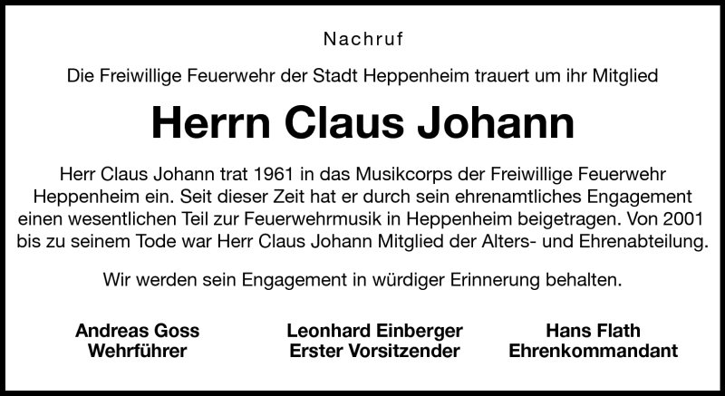  Traueranzeige für Claus Johann vom 23.02.2011 aus Starkenburger Echo