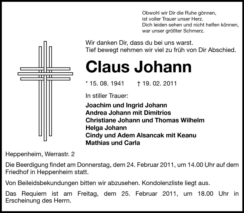  Traueranzeige für Claus Johann vom 22.02.2011 aus Starkenburger Echo