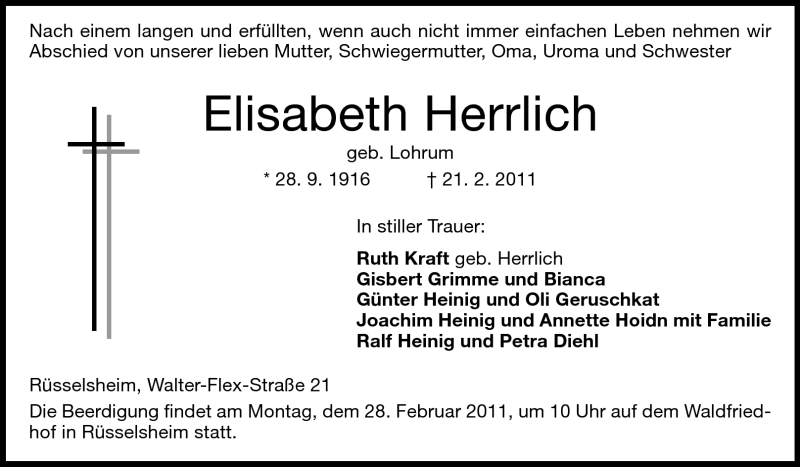  Traueranzeige für Elisabeth Herrlich vom 23.02.2011 aus Rüsselsheimer Echo, Groß-Gerauer-Echo, Ried Echo