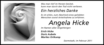 Traueranzeige von Angela Hicke von Darmstädter Echo, Odenwälder Echo, Rüsselsheimer Echo, Groß-Gerauer-Echo, Ried Echo