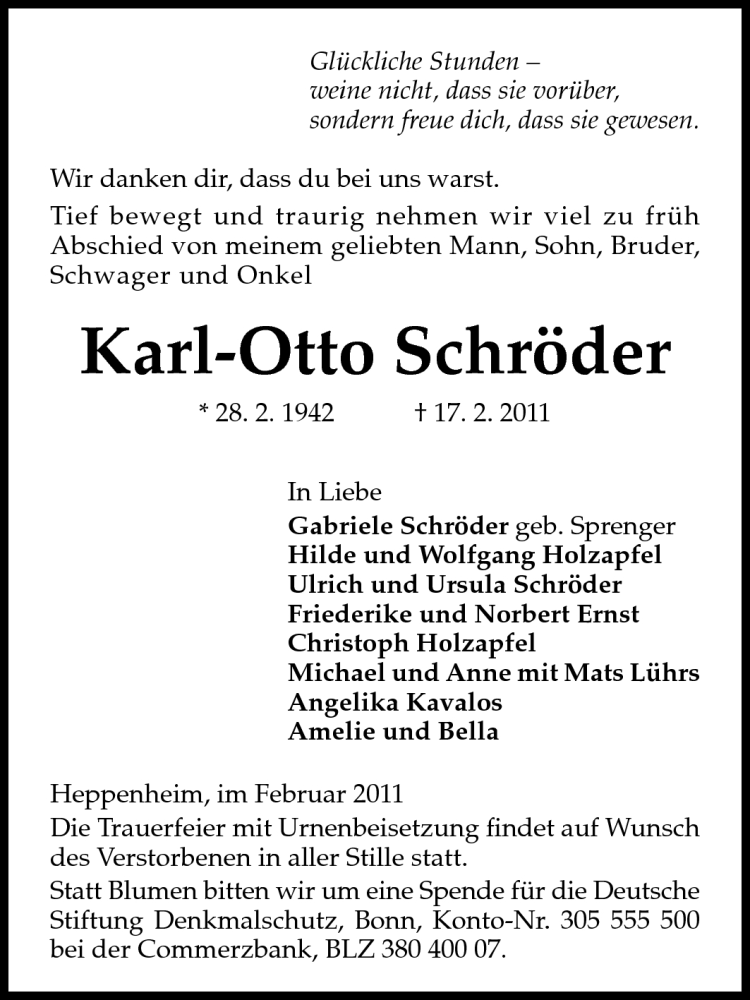  Traueranzeige für Karl-Otto Schröder vom 23.02.2011 aus Starkenburger Echo