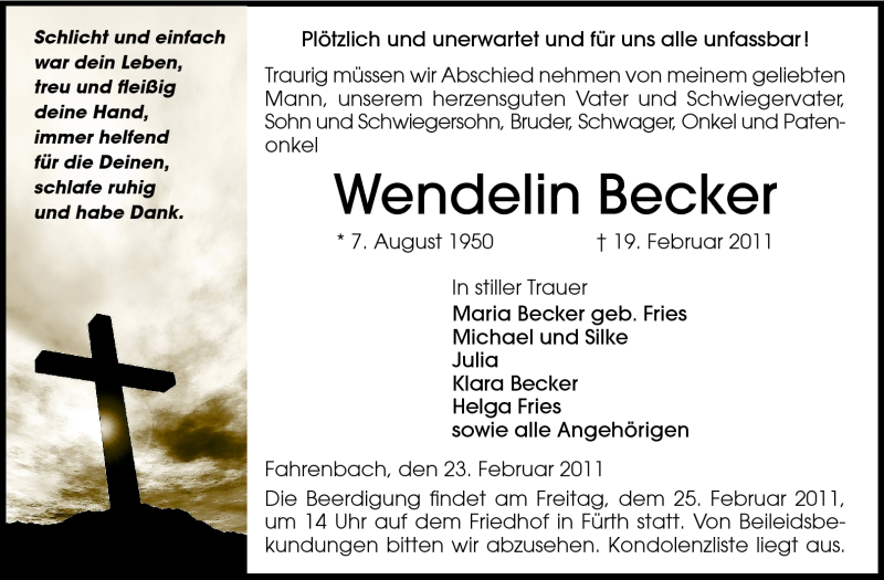  Traueranzeige für Wendelin Becker vom 23.02.2011 aus Starkenburger Echo