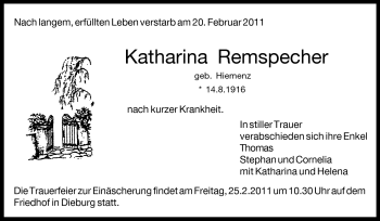 Traueranzeige von Katharina Remspecher von Echo-Zeitungen (Gesamtausgabe)