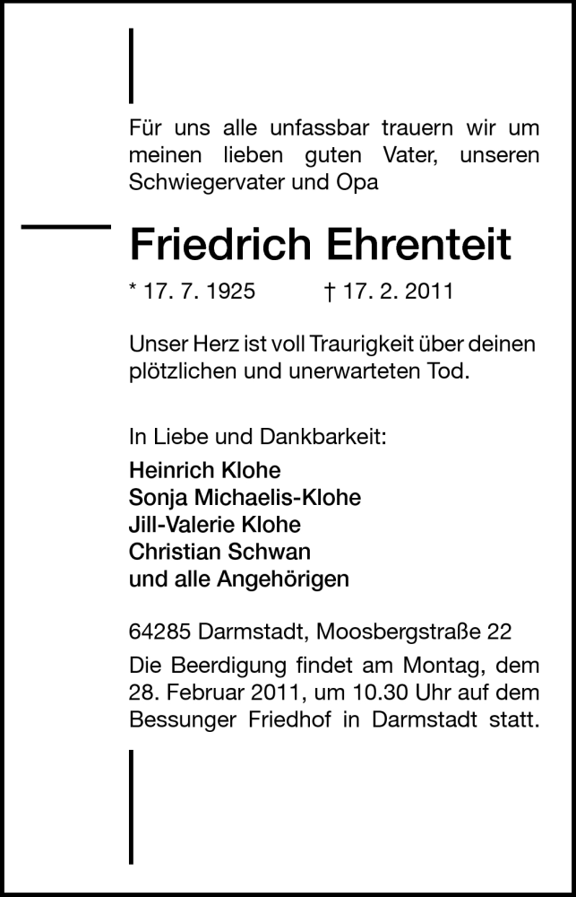 Traueranzeige für Friedrich Ehrenteit vom 23.02.2011 aus Darmstädter Echo, Odenwälder Echo, Rüsselsheimer Echo, Groß-Gerauer-Echo, Ried Echo