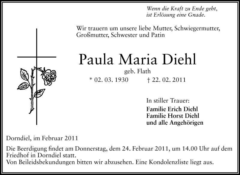  Traueranzeige für Diehl Paula Maria vom 23.02.2011 aus Darmstädter Echo, Odenwälder Echo, Rüsselsheimer Echo, Groß-Gerauer-Echo, Ried Echo