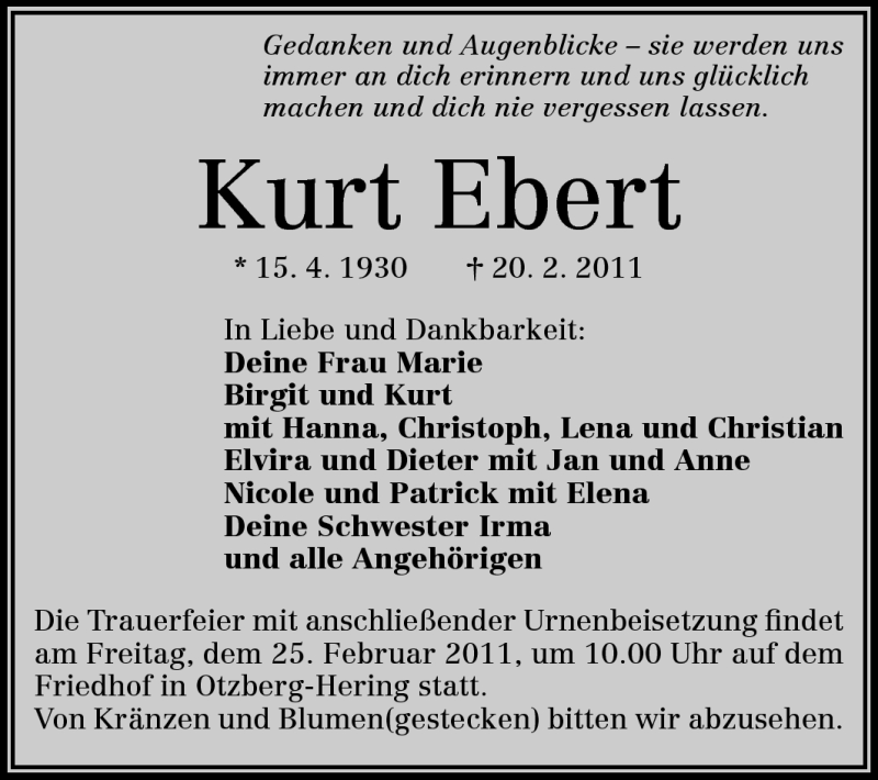  Traueranzeige für Kurt Ebert vom 23.02.2011 aus Echo-Zeitungen (Gesamtausgabe)