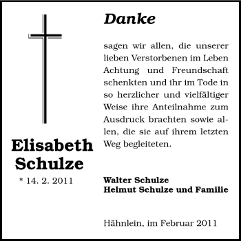 Traueranzeige von Elisabeth Schulze von Darmstädter Echo, Odenwälder Echo, Rüsselsheimer Echo, Groß-Gerauer-Echo, Ried Echo
