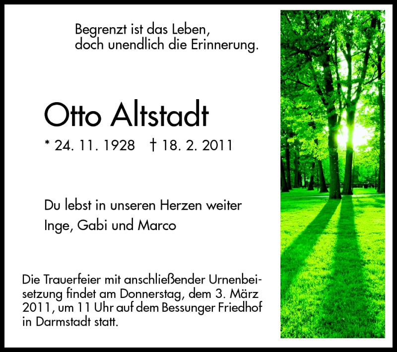  Traueranzeige für Otto Altstadt vom 26.02.2011 aus Darmstädter Echo, Odenwälder Echo, Rüsselsheimer Echo, Groß-Gerauer-Echo, Ried Echo