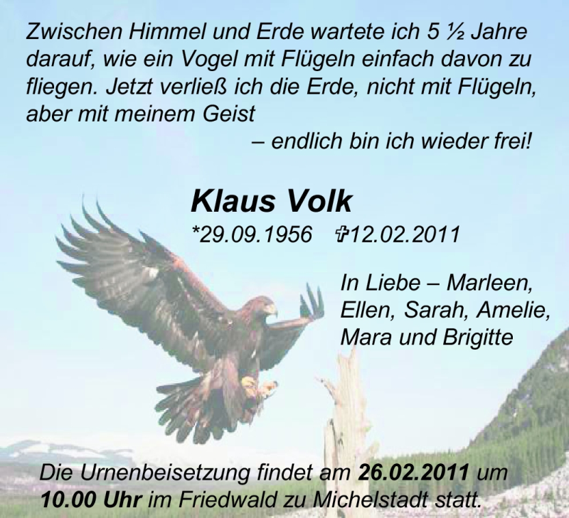  Traueranzeige für Klaus Volk vom 24.02.2011 aus Echo-Zeitungen (Gesamtausgabe)