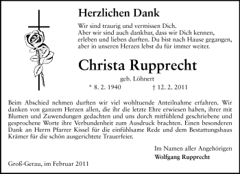 Traueranzeige von Christa Rupprecht von Rüsselsheimer Echo, Groß-Gerauer-Echo, Ried Echo
